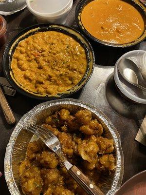 Gobi Manchuria, Butter Chicken, and chickpea curry. They forgot our rice. Two curries and they forgot our rice.