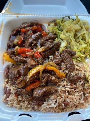 Pepper Steak, Steamed Veggie (Cabbage) and Rice & Peas