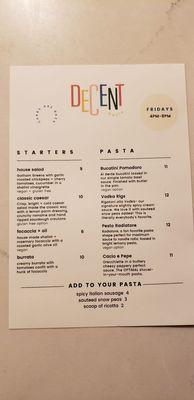 Pasta Menu (Friday nights only!)