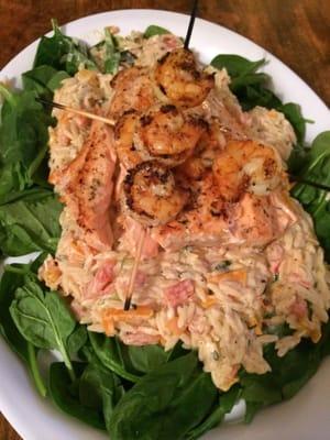 Home Made Lemon Orzo Spinach Salad w/Grilled Shrimp Skewers, & Grilled Chicken Skewers. Specialized Catering