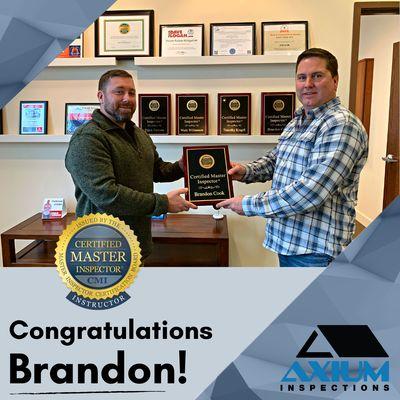 Congrats to Axium's Brandon Cook on achieving his Certified Master Inspector status!