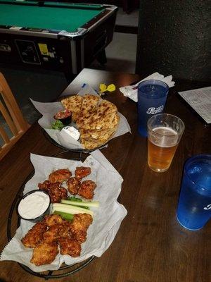 Boneless wings and chicken quesadilla