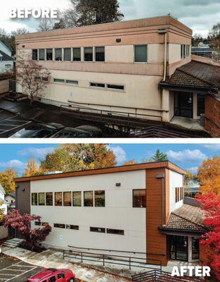 Before & After Photo with new James Hardie Fiber Cement siding, Nichiha Fiber Cement siding & Sherwin-Williams paint. Vancouver, Washington.