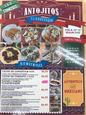 Front page of the menu