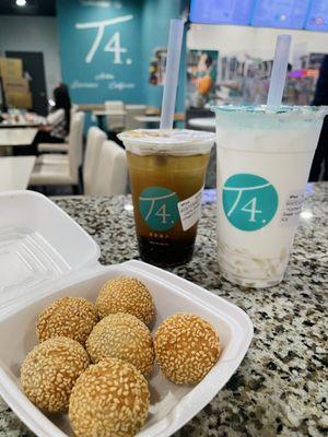 Sesame balls (center) and Wintermelon Lemon with boba and White Almond with lychee