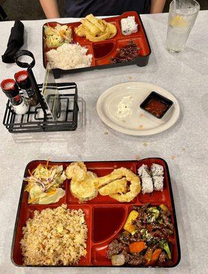 Lunch Bento boxes!  Served with steamed rice, Nami tempura, 4 pieces of California roll & house salad.