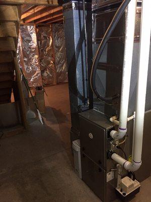 After photo of a furnace upgrade from 80% eff. To 95% eff unit.  Furnace is made by Payne with an April Aire filtration unit.