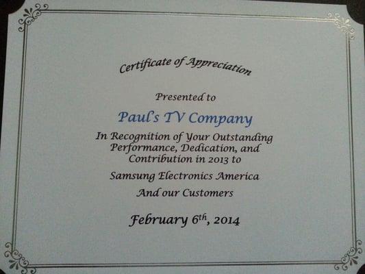 2013 Award to Paul's TV from Samsung. Only 3 out of 260 Companies received this award. We are proud to be one of them.