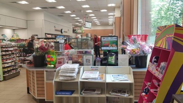 Inside the 7-Eleven - brightly lit and very organized.