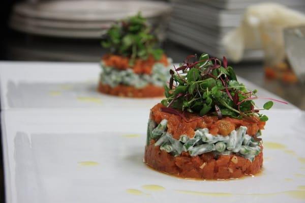 Roasted Tomato & Haricots Vert Salad topped with Walnut Oil and Micro Greens