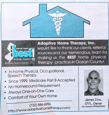 Thank you for voting us the Best home physical therapy practice in Ocean County!