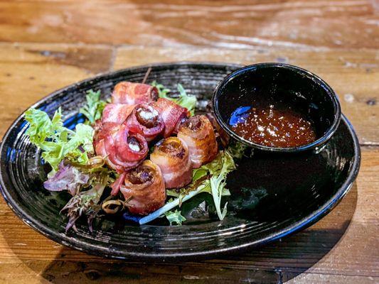 9 Devils on Horseback - dates stuffed with blue cheese & wrapped in crispy bacon!