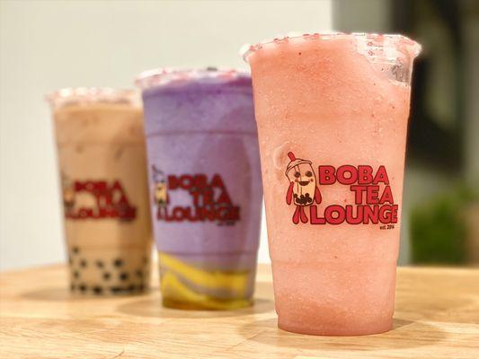 Brown Sugar Milk Tea w boba Taro Slushy w egg pudding  Strawberry Lychee Slushy