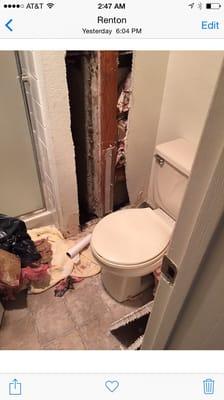 Bathroom walls ripped apart and left like that to the present day to rot and stink.