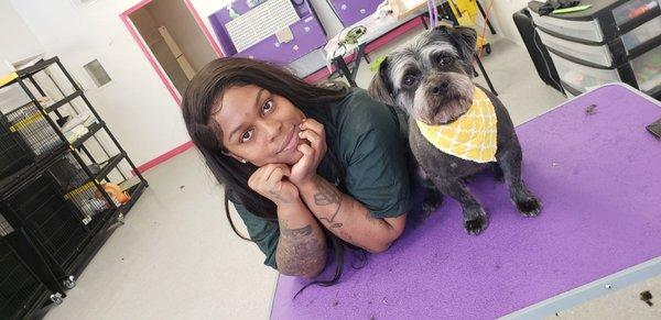 Head Groomer Onnie and one of my favorite clients Crunchy