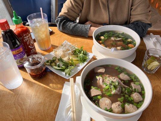 Seafood pho and beef ball pho with extra steak!