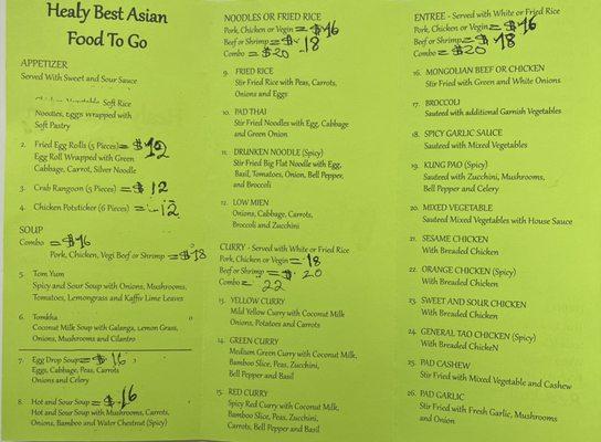 Healy best Asian food to go menu. Price can be different for future update. Thank you...