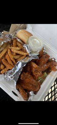 Hot Lemon Pepper wings w/ Cajun Fries and Roll with Ranch