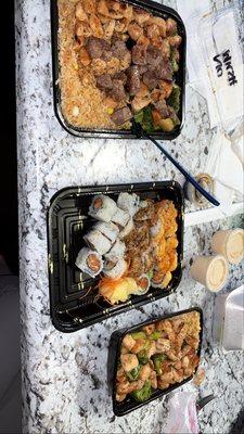 Generous serving of chicken and steak hibachi, 3 combo sushi rolls, and chicken hibachi. Comes with 2 cups of Yum Yum sauce