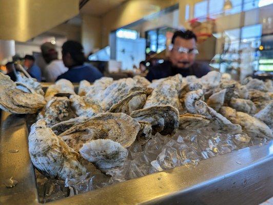 Inside. Daily oyster selection on display between entrance and dining room. Open kitchen.