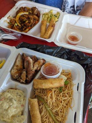 Pancit plate with Lumpia and Yigo "Gee Go" Chicken.