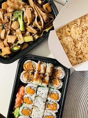 Tofu noodles, tootsie roll, spicy salmon roll, and fried rice