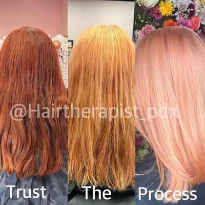 Going from a copper red to a pastel peachy-pink.