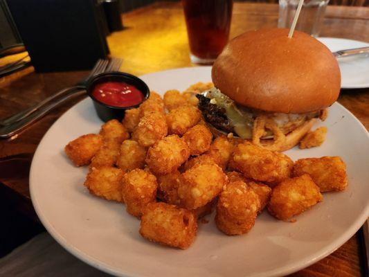 Burger with bacon jam & egg with side of tots!