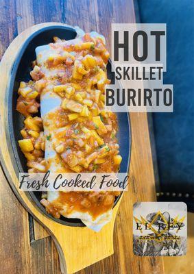 Hot Skillet Burrito
12 inch flour tortilla stuffed with beans, rice, onions, cilantro topped with your choice of salsa