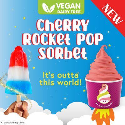 Our NEW flavor is a blast! Vegan Cherry Rocket Pop Sorbet is the perfect combo of sweet and tart cherries with a hint of lime.