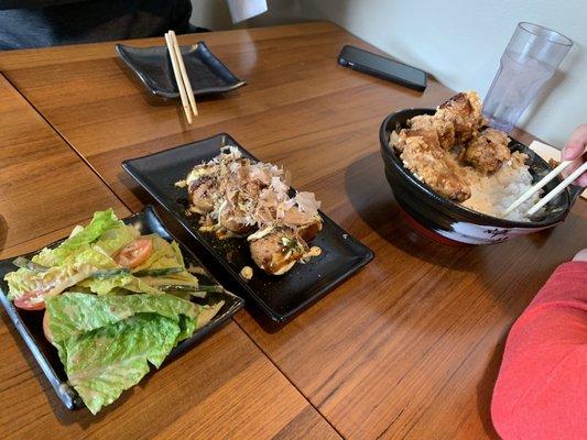 Takoyaki and chicken karrage don (we took the salad off the don).