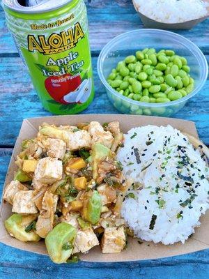 Big Jim with tofu and added mango. Side of edamame and a sweet delicious apple iced tea straight from Hawaii!