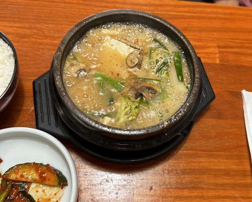 Tofu soup. Not on menu.  Asked in Korean if they had it. Delicious.