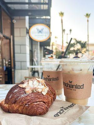 Almond Croissant, Iced Duo Coffee Latte, and Iced Honey Oat Latte.