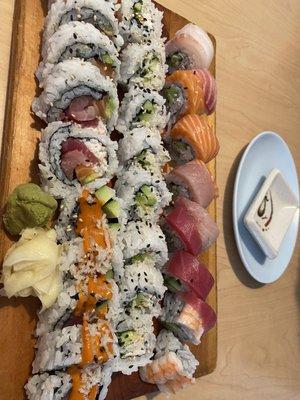 This was 4 types of rolls Rainbow Spicy tuna California  Specialty five fish