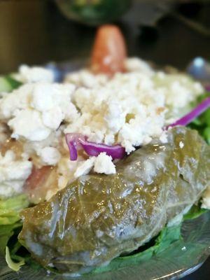 Greek Salad with a Dolmas (grape leaf).