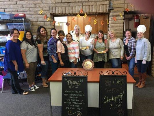 Parent volunteers help with the annual tradition of Thanksgiving feast!