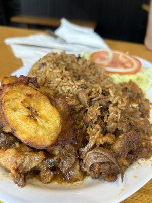 Beef, sweet plantains, pigeon pea rice and salad