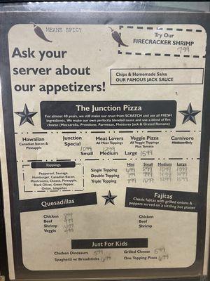 Menu with updated prices