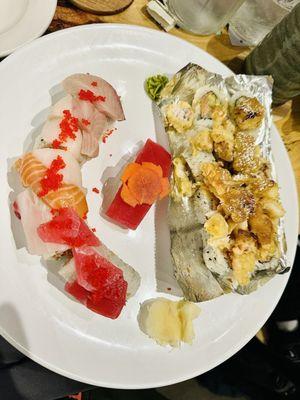 Hokkaido roll, honey snow roll & tuna nigiri in the middle of