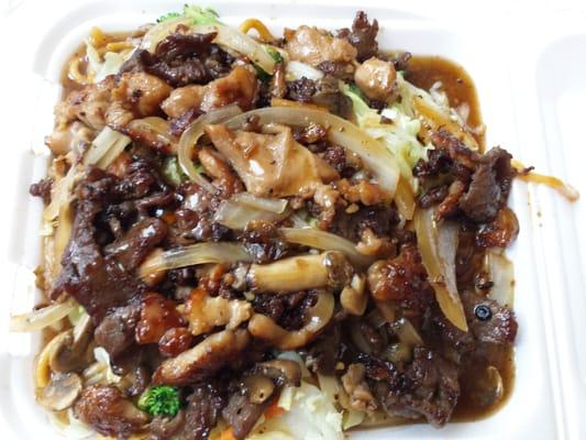 Chicken and beef teriyaki with noodles.