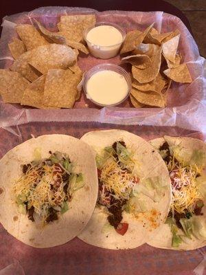 Ground Beef Soft Tacos & Chips & Queso