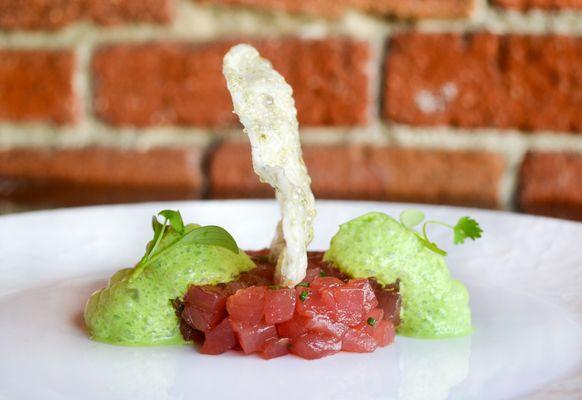 Tuna Tartare, green curry, cilantro with a seaweed tuile.