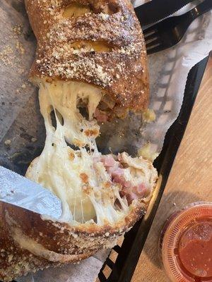 Inside of the chicken bacon ranch calzone