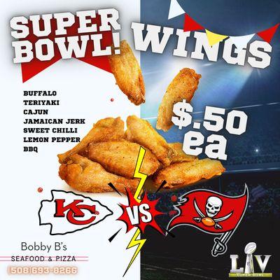 Are you ready for the show? WE ARE! Get 2 Dozen FREE Wings only by buying 4 Large Pizzas... OR Get each Wing for $.50 ONLY!