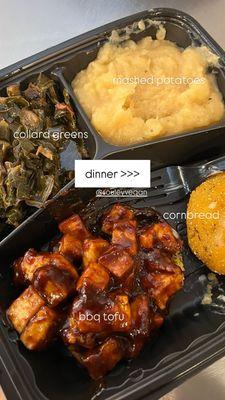 Combo Plate - BBQ Tofu, Collard Greens, Mashed Potatoes & Cornbread  (100% vegan & gluten-free)