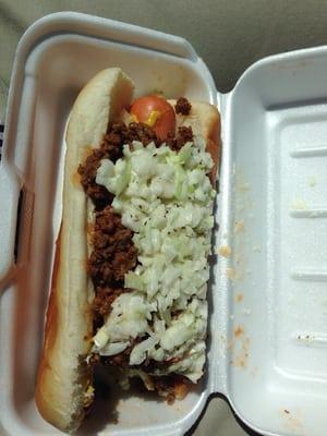 Awesome hotdog with slaw and chili. Delicious!