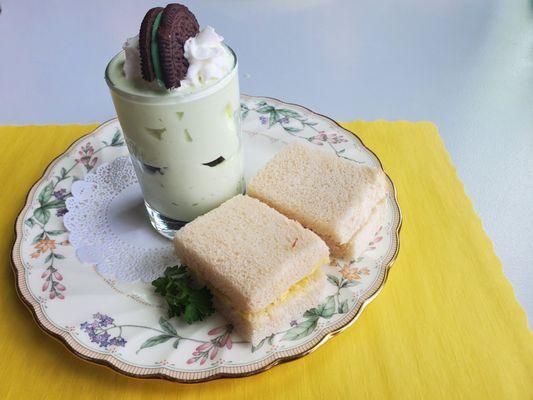 Mint Oreo Parfait with Finger Sandwiches