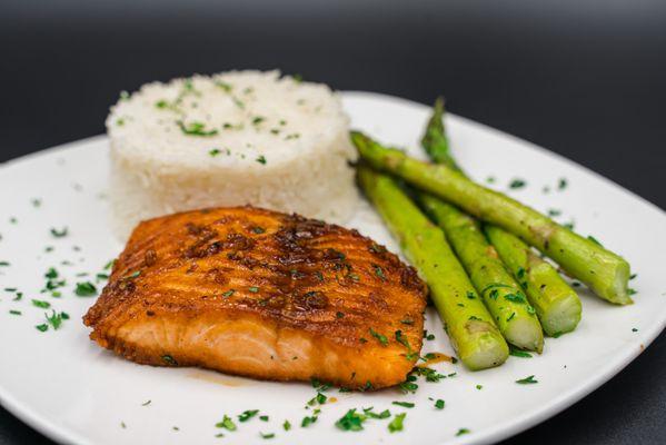 Glazed Salmon GF 
Atlantic salmon with Asian style glaze made from ginger, brown sugar, lime juice, gluten-free soy sauce.