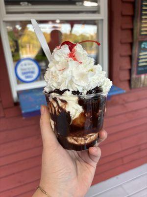 Medium size sundae with hot fudge